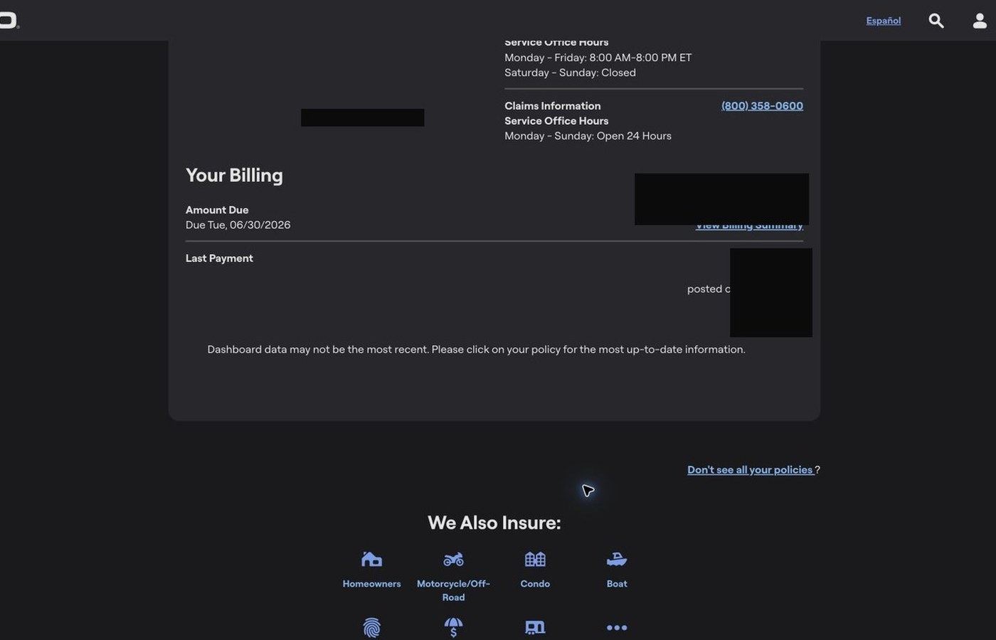 GEICO dashboard stale data warning with private details masked