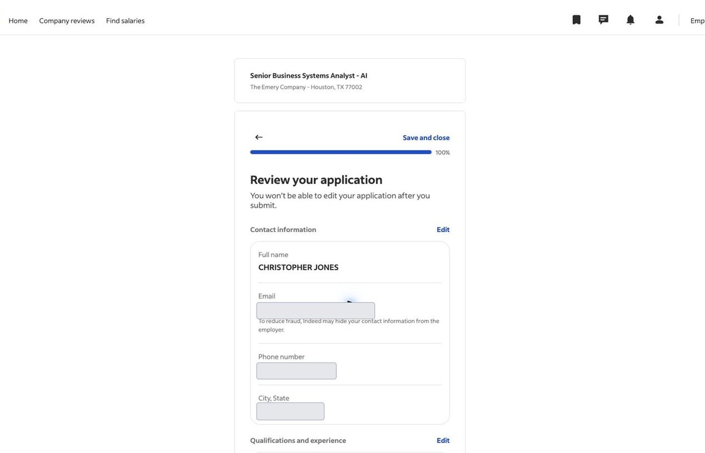 Indeed application review screen with contact fields masked