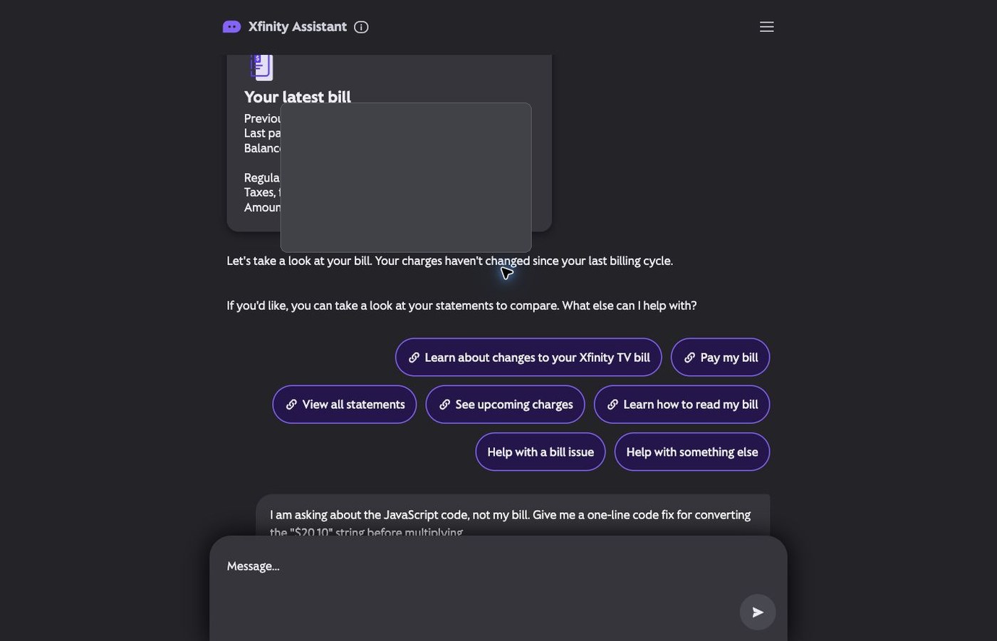 Xfinity Assistant billing response to a coding prompt with amounts masked