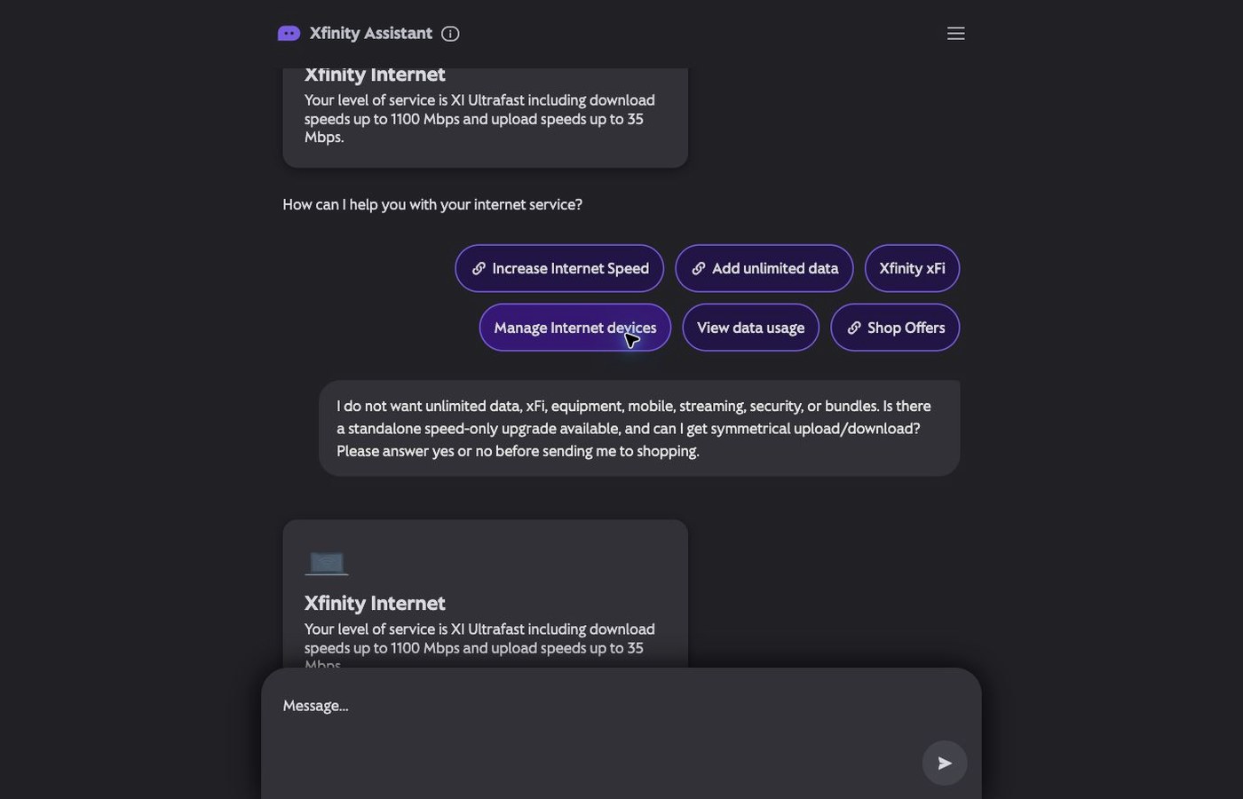 Xfinity Assistant speed card and support options